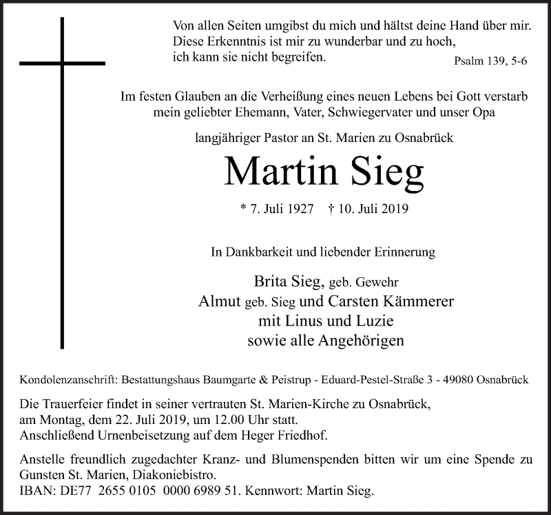  Traueranzeige für Martin Sieg vom 17.07.2019 aus Neue Osnabrücker Zeitung GmbH & Co. KG