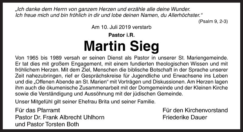  Traueranzeige für Martin Sieg vom 17.07.2019 aus Neue Osnabrücker Zeitung GmbH & Co. KG