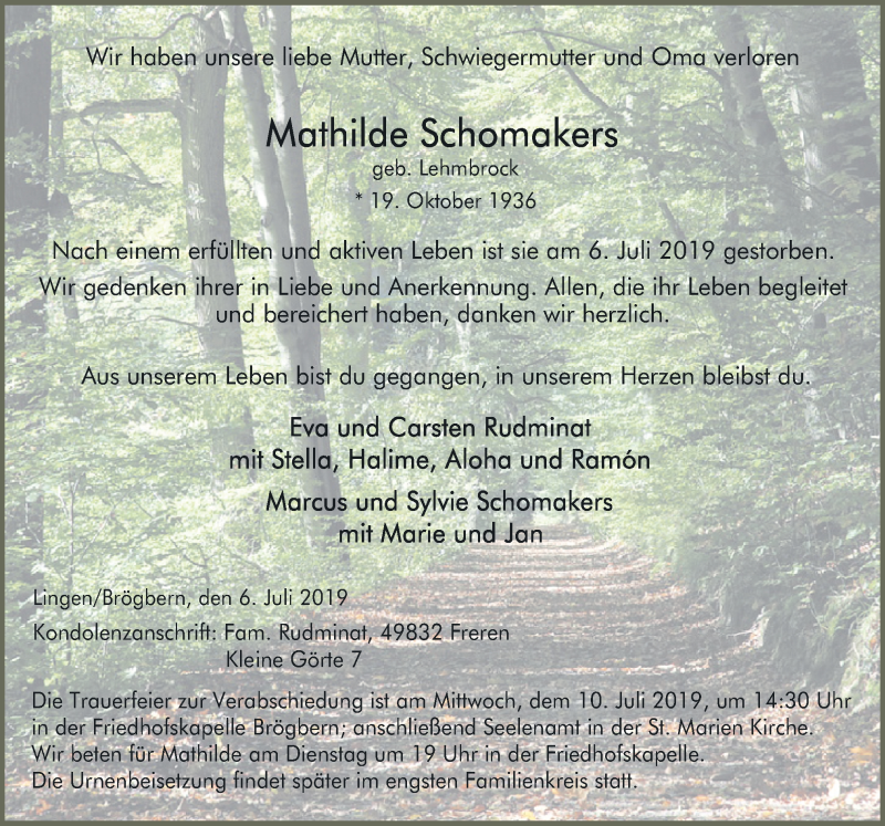  Traueranzeige für Mathilde Schomakers vom 08.07.2019 aus Neue Osnabrücker Zeitung GmbH & Co. KG