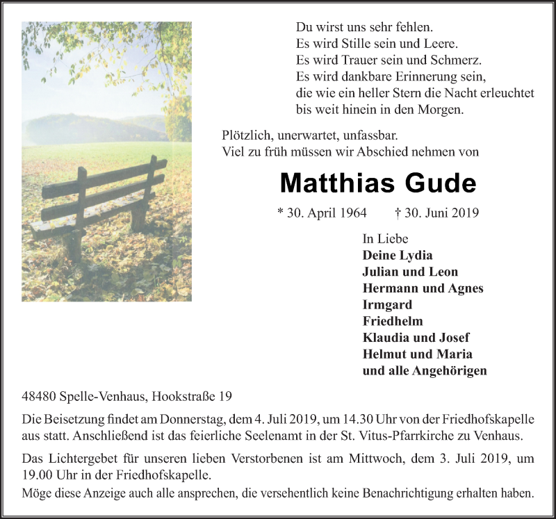  Traueranzeige für Matthias Gude vom 02.07.2019 aus Neue Osnabrücker Zeitung GmbH & Co. KG
