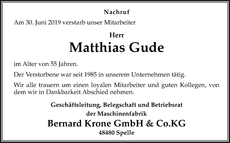  Traueranzeige für Matthias Gude vom 04.07.2019 aus Neue Osnabrücker Zeitung GmbH & Co. KG