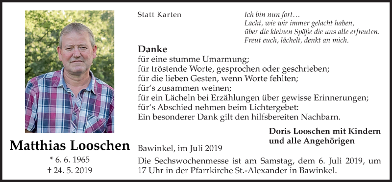  Traueranzeige für Matthias Looschen vom 02.07.2019 aus Neue Osnabrücker Zeitung GmbH & Co. KG