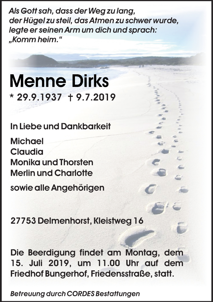  Traueranzeige für Menne Dirks vom 12.07.2019 aus Neue Osnabrücker Zeitung GmbH & Co. KG
