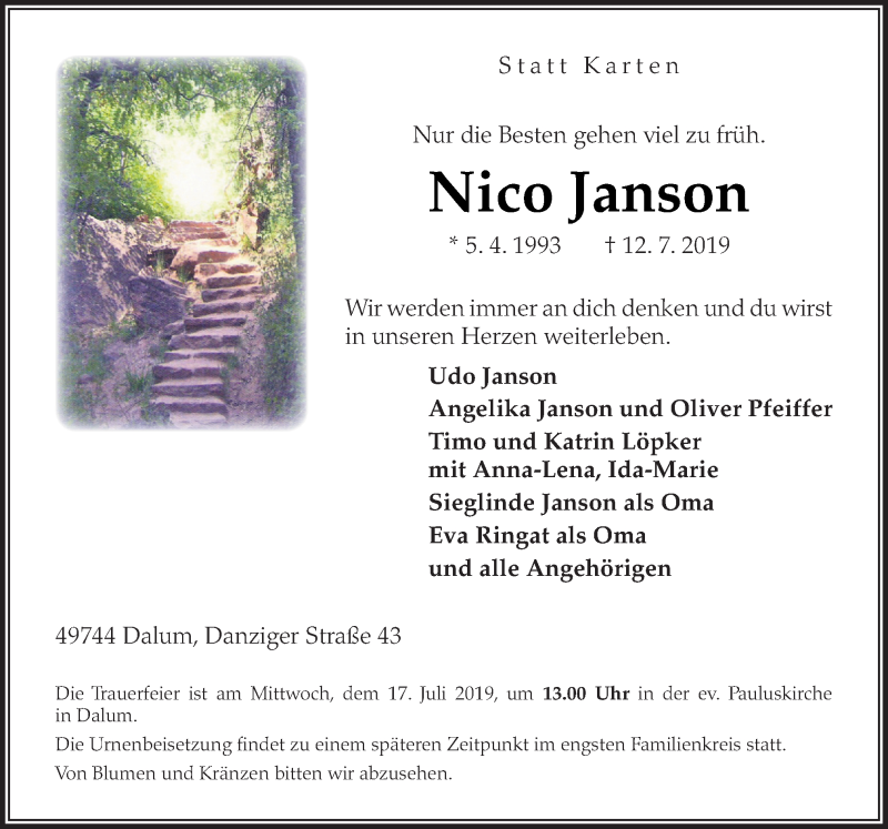  Traueranzeige für Nico Janson vom 15.07.2019 aus Neue Osnabrücker Zeitung GmbH & Co. KG