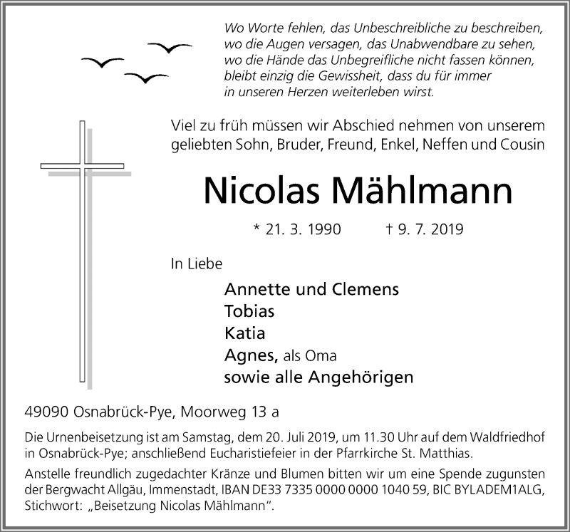  Traueranzeige für Nicolas Mählmann vom 16.07.2019 aus Neue Osnabrücker Zeitung GmbH & Co. KG
