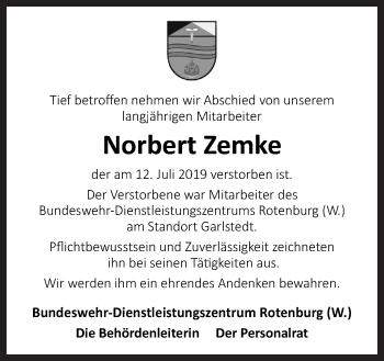 Traueranzeige von Norbert Zemke von Neue Osnabrücker Zeitung GmbH & Co. KG