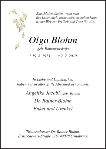 Traueranzeige von Olga Blohm von Neue Osnabrücker Zeitung GmbH & Co. KG