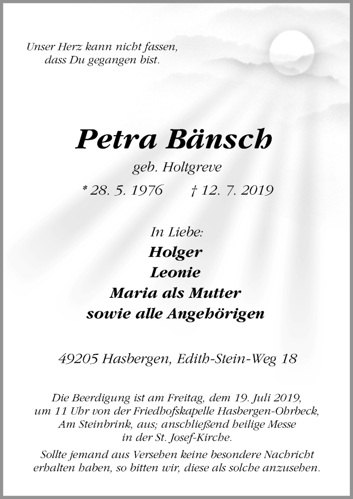  Traueranzeige für Petra Bänsch vom 17.07.2019 aus Neue Osnabrücker Zeitung GmbH & Co. KG
