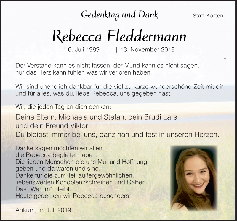  Traueranzeige für Rebecca Fleddermann vom 06.07.2019 aus Neue Osnabrücker Zeitung GmbH & Co. KG