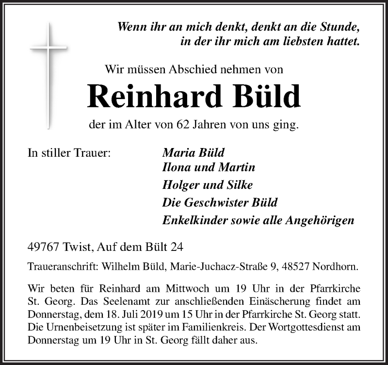  Traueranzeige für Reinhard Büld vom 16.07.2019 aus Neue Osnabrücker Zeitung GmbH & Co. KG