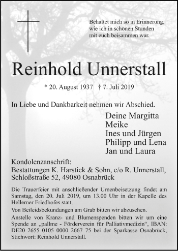 Traueranzeige von Reinhold Unnerstall von Neue Osnabrücker Zeitung GmbH & Co. KG