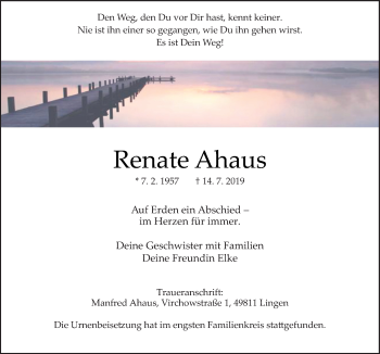 Traueranzeige von Renate Ahaus von Neue Osnabrücker Zeitung GmbH & Co. KG