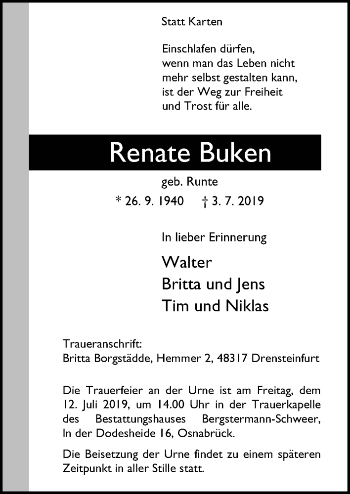  Traueranzeige für Renate Buken vom 06.07.2019 aus Neue Osnabrücker Zeitung GmbH & Co. KG