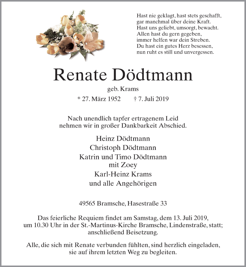  Traueranzeige für Renate Dödtmann vom 10.07.2019 aus Neue Osnabrücker Zeitung GmbH & Co. KG