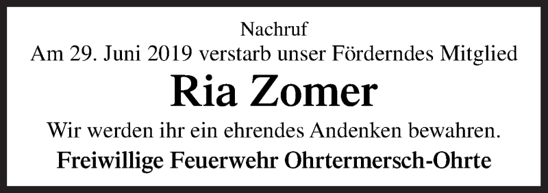  Traueranzeige für Ria Zomer vom 13.07.2019 aus Neue Osnabrücker Zeitung GmbH & Co. KG