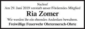 Traueranzeige von Ria Zomer von Neue Osnabrücker Zeitung GmbH & Co. KG