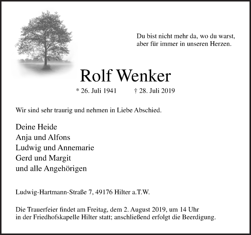  Traueranzeige für Rolf Wenker vom 30.07.2019 aus Neue Osnabrücker Zeitung GmbH & Co. KG
