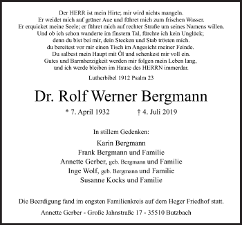 Traueranzeige von Rolf Werner Bergmann von Neue Osnabrücker Zeitung GmbH & Co. KG