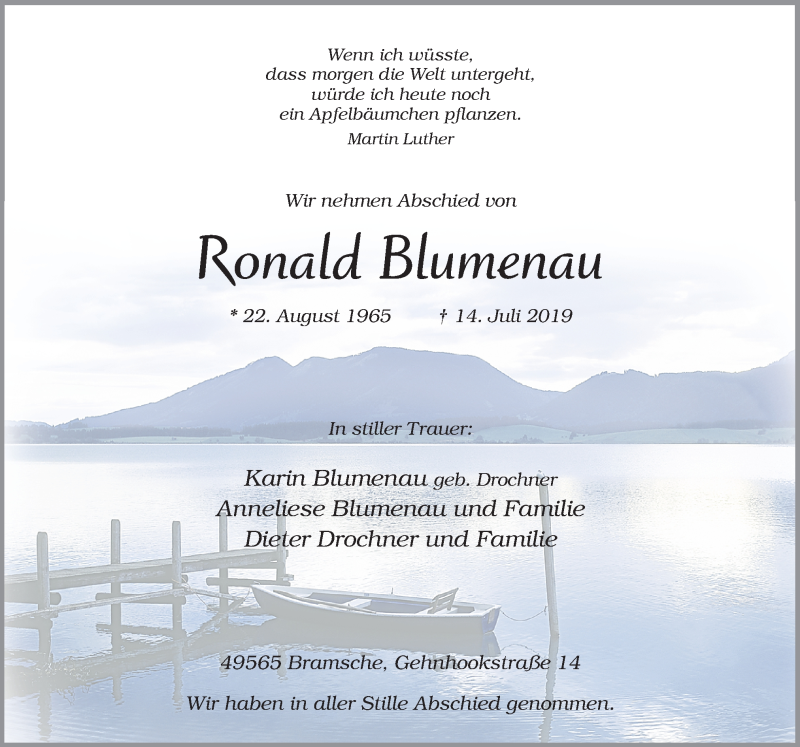  Traueranzeige für Ronald Blumenau vom 24.07.2019 aus Neue Osnabrücker Zeitung GmbH & Co. KG