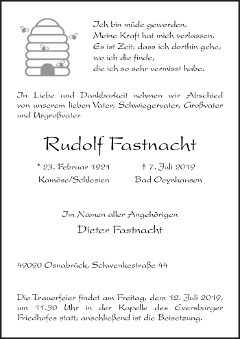 Traueranzeige von Rudolf Fastnacht von Neue Osnabrücker Zeitung GmbH & Co. KG
