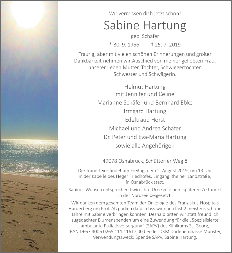  Traueranzeige für Sabine Hartung vom 27.07.2019 aus Neue Osnabrücker Zeitung GmbH & Co. KG