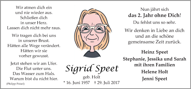  Traueranzeige für Sigrid Speet vom 29.07.2019 aus Neue Osnabrücker Zeitung GmbH & Co. KG