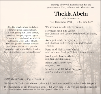 Traueranzeige von Thekla Abeln von Neue Osnabrücker Zeitung GmbH & Co. KG