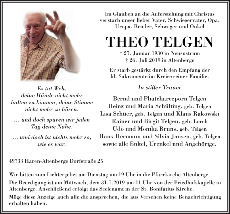  Traueranzeige für Theo Telgen vom 29.07.2019 aus Neue Osnabrücker Zeitung GmbH & Co. KG