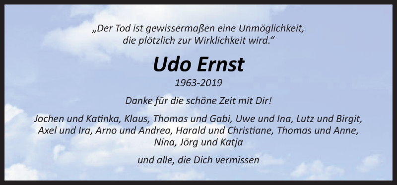  Traueranzeige für Udo Ernst vom 27.07.2019 aus Neue Osnabrücker Zeitung GmbH & Co. KG