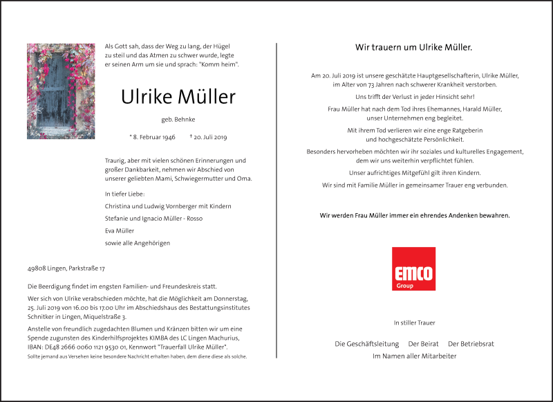  Traueranzeige für Ulrike Müller vom 24.07.2019 aus Neue Osnabrücker Zeitung GmbH & Co. KG