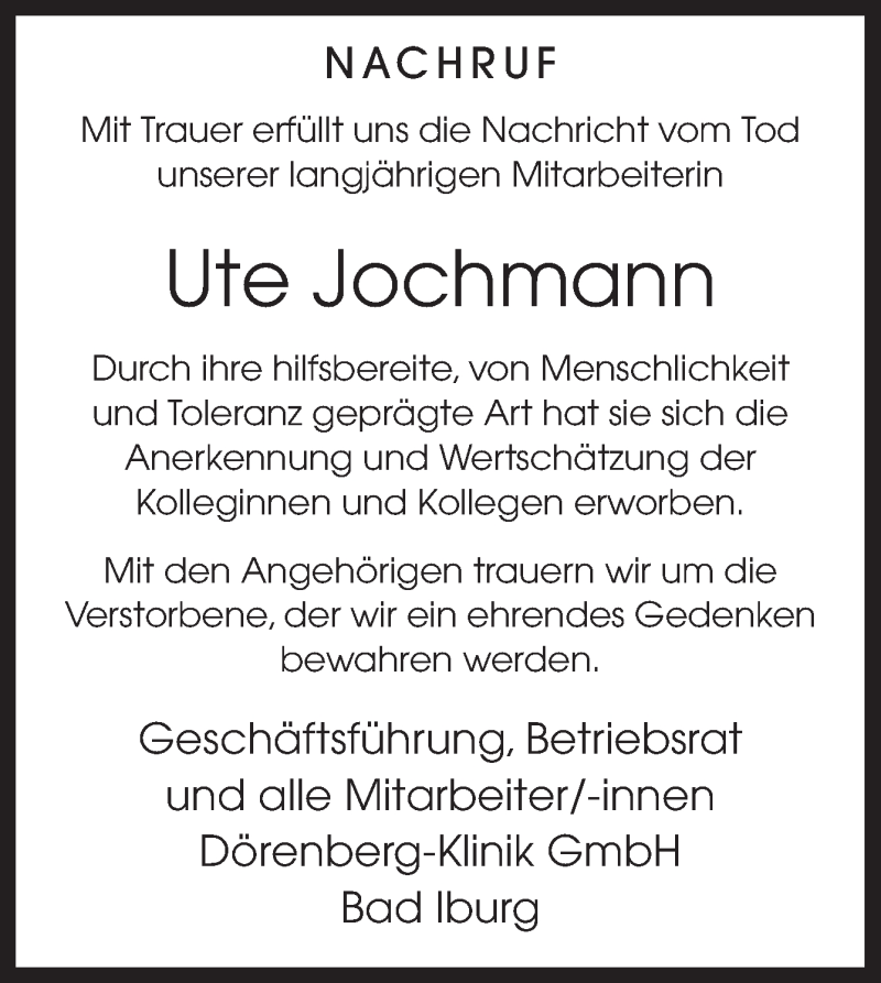  Traueranzeige für Ute Jochmann vom 13.07.2019 aus Neue Osnabrücker Zeitung GmbH & Co. KG