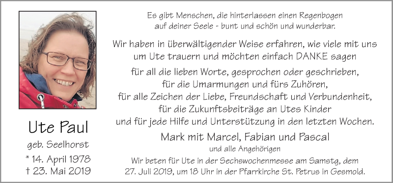  Traueranzeige für Ute Paul vom 20.07.2019 aus Neue Osnabrücker Zeitung GmbH & Co. KG