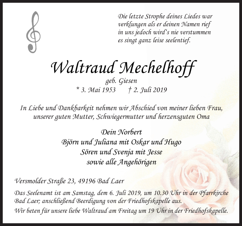  Traueranzeige für Waltraud Mechelhoff vom 04.07.2019 aus Neue Osnabrücker Zeitung GmbH & Co. KG