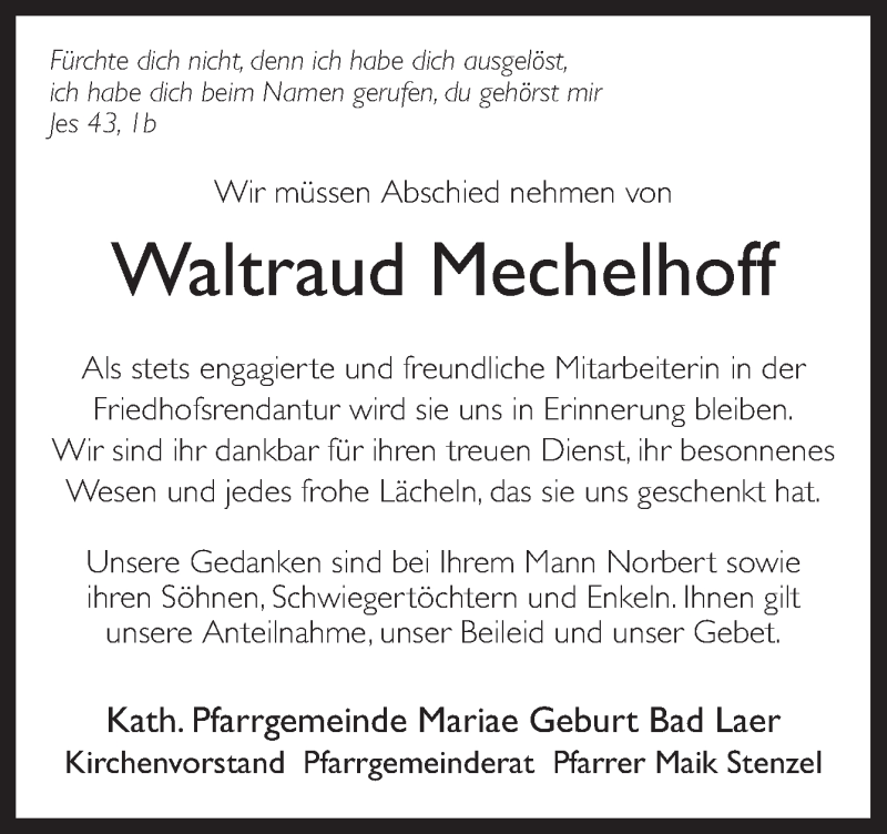  Traueranzeige für Waltraud Mechelhoff vom 06.07.2019 aus Neue Osnabrücker Zeitung GmbH & Co. KG