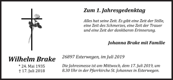 Traueranzeige von Wilhelm Brake von Neue Osnabrücker Zeitung GmbH & Co. KG