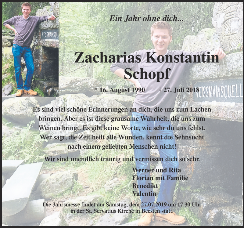  Traueranzeige für Zacharias Konstantin Schopf vom 27.07.2019 aus Neue Osnabrücker Zeitung GmbH & Co. KG