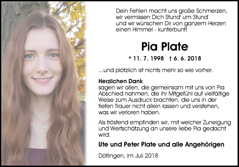  Traueranzeige für Pia Plate vom 27.07.2018 aus Neue Osnabrücker Zeitung GmbH & Co. KG
