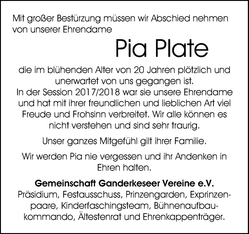  Traueranzeige für Pia Plate vom 13.06.2018 aus Neue Osnabrücker Zeitung GmbH & Co. KG