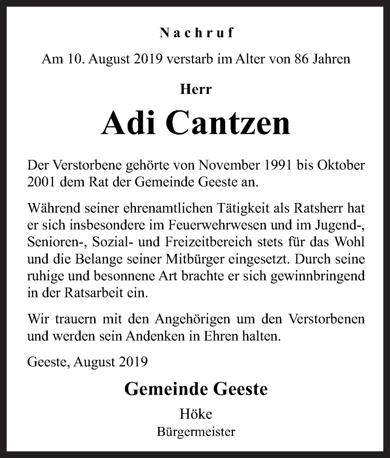  Traueranzeige für Adi Cantzen vom 14.08.2019 aus Neue Osnabrücker Zeitung GmbH & Co. KG