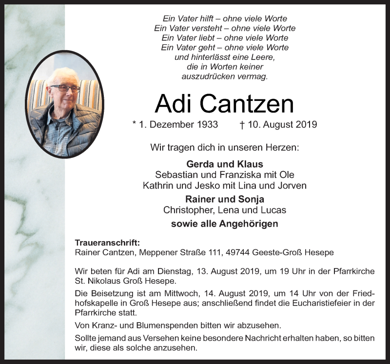  Traueranzeige für Adi Cantzen vom 12.08.2019 aus Neue Osnabrücker Zeitung GmbH & Co. KG