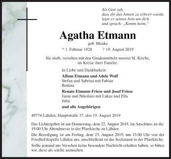 Traueranzeige von Agatha Etmann von Neue Osnabrücker Zeitung GmbH & Co. KG