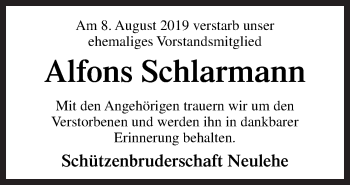 Traueranzeige von Alfons Schlarmann von Neue Osnabrücker Zeitung GmbH & Co. KG