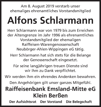 Traueranzeige von Alfons Schlarmann von Neue Osnabrücker Zeitung GmbH & Co. KG