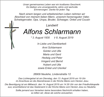 Traueranzeige von Alfons Schlarmann von Neue Osnabrücker Zeitung GmbH & Co. KG