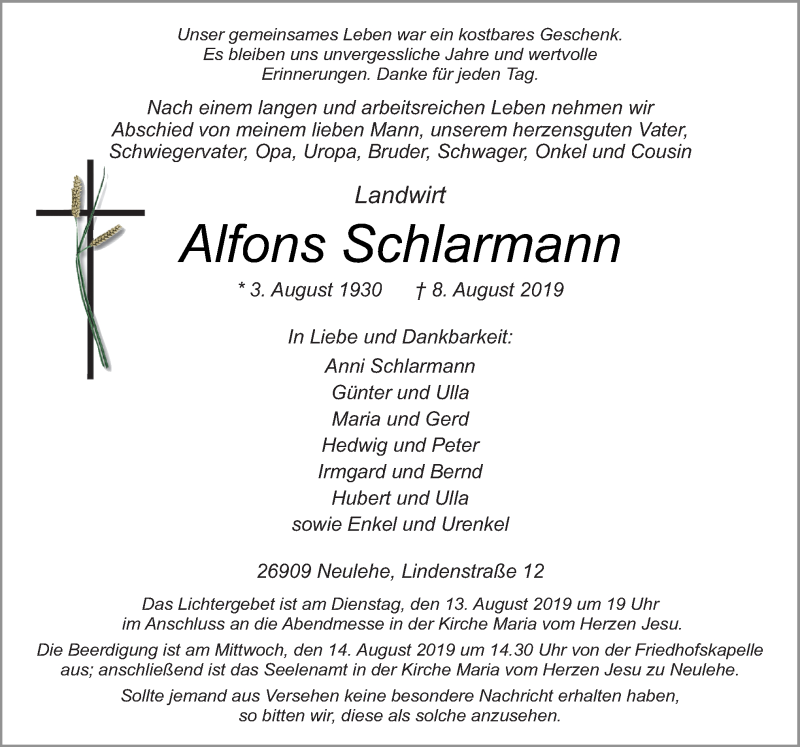  Traueranzeige für Alfons Schlarmann vom 10.08.2019 aus Neue Osnabrücker Zeitung GmbH & Co. KG