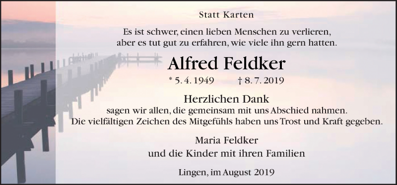  Traueranzeige für Alfred Feldker vom 03.08.2019 aus Neue Osnabrücker Zeitung GmbH & Co. KG