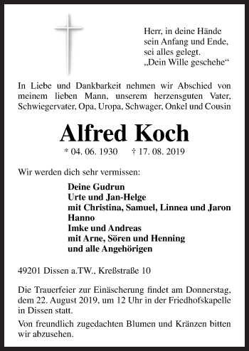 Traueranzeige von Alfred Koch von Neue Osnabrücker Zeitung GmbH & Co. KG