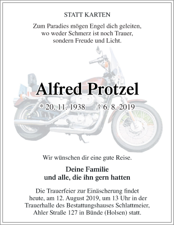 Traueranzeige von Alfred Protzel von Neue Osnabrücker Zeitung GmbH & Co. KG