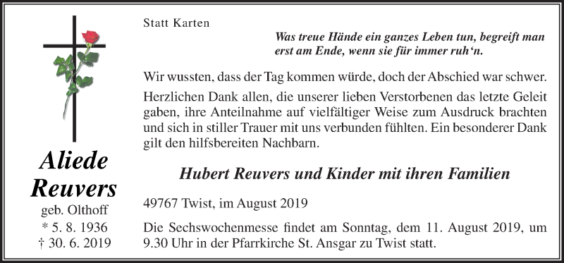 Traueranzeige für Aliede Reuvers vom 07.08.2019 aus Neue Osnabrücker Zeitung GmbH & Co. KG