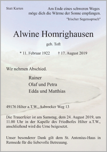 Traueranzeige von Alwine Homrighausen von Neue Osnabrücker Zeitung GmbH & Co. KG